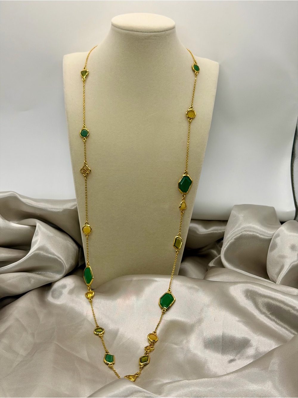 Long Gold Chain Necklace with Green Gem Accents - Women Jewelry - Picture 2 of 6